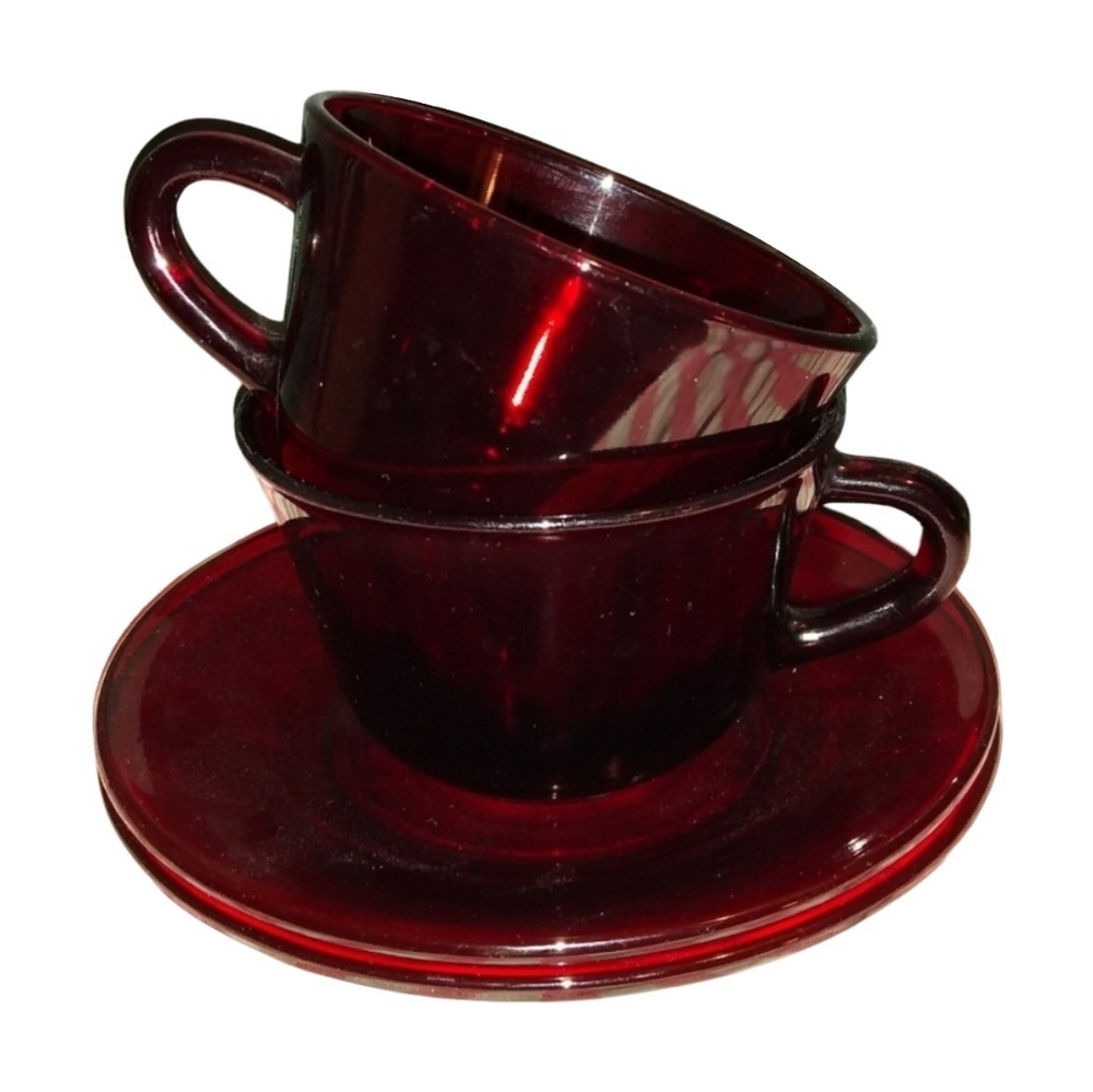 Vintage Cafecore Cherry Red Glass Cups and Saucers Cafe Set Anchor Coffee Tea